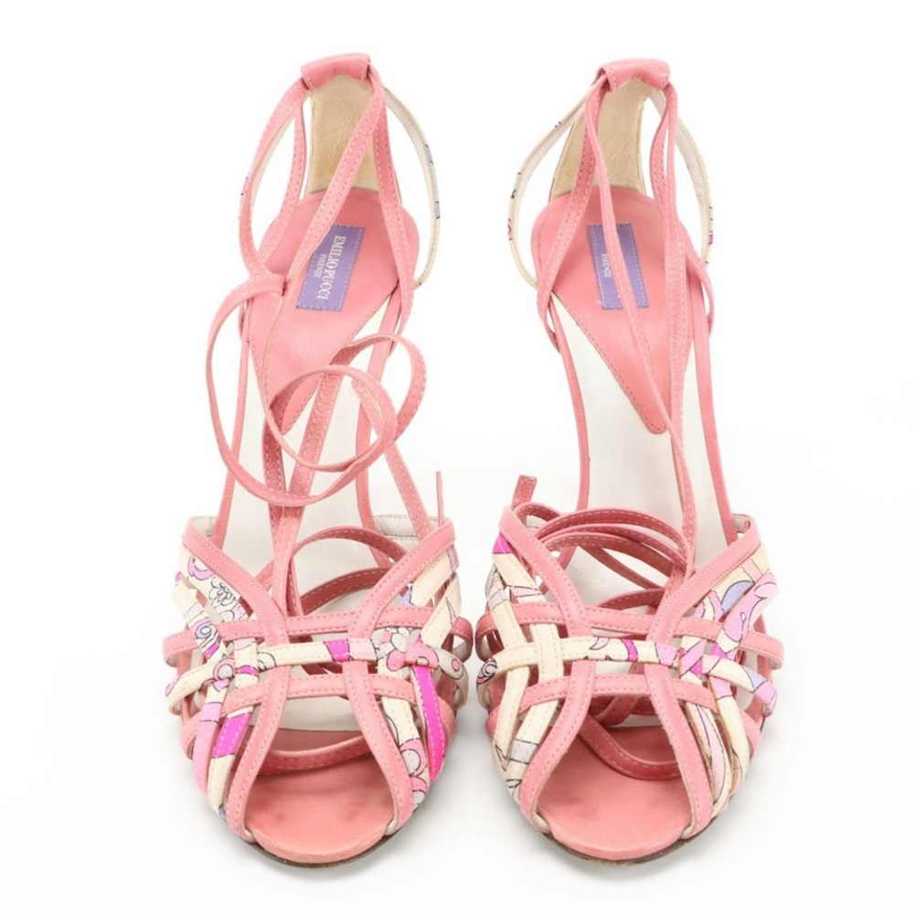 Emilio Pucci Pink Leather and Patterned Canvas Strappy Lace-Up High Heel Sandals